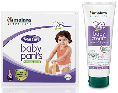 Himalaya Total Care Baby Pants Diapers, Large, 76 Count and Cream, 200ml Combo