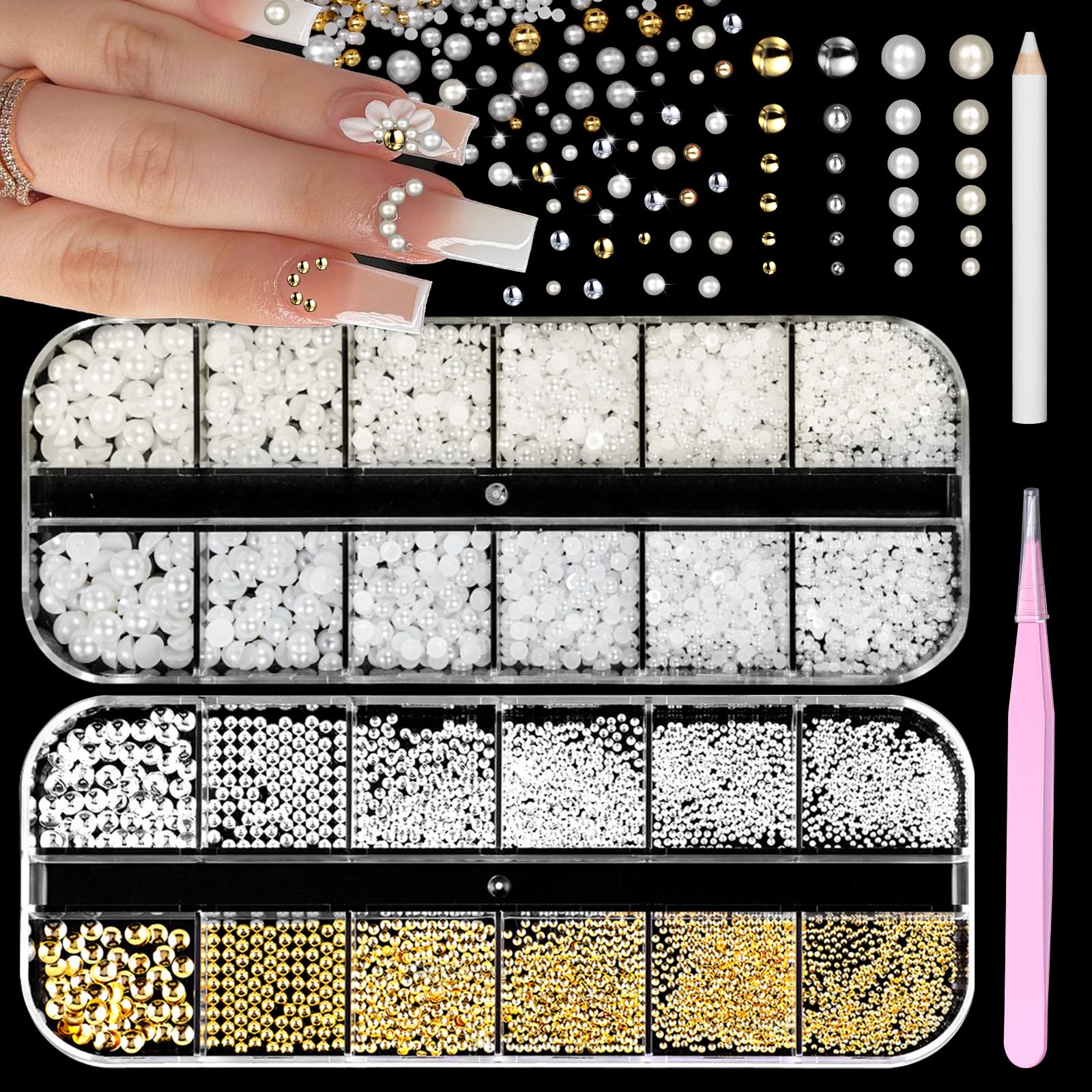Photo 1 of 2 Boxes Half Round Nail Pearls and Gold Silver Metal Nail Beads, Luxurious White Beige Pearl Nail Charms, Small Round Caviar Beads Gems for Acrylic Nail Design Crafts