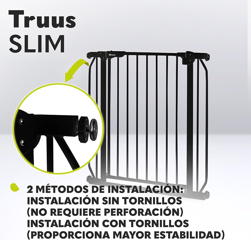 Truus Slim - Rejilla de protección para escaleras, sin taladrar, Rejilla Protectora para Puerta, Rejilla para Puerta para bebé, Metal, Ancho de 75 a 105 cm, Ajustable