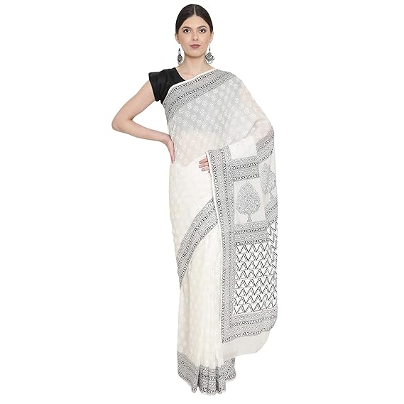 White & Black Handblock Print Handcrafted Cotton Saree BAPASA0090