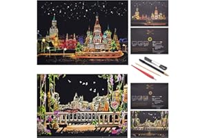 Scratch Painting Rainbow Paper by BOTEEN, Scratch DIY Art Craft City Series Night View Creative Gift, Scratchboard for Adults and Kids ,Craft Kits with 4 Tools,16''x11''ï¼ˆ4 Packï¼‰