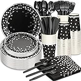 175PCS Black & Silver Party Supplies - Silver Dot Disposable Dinnerware - Black Paper Plates, Napkins, Cups, Plastic Forks, Knives, Spoons for New Year, Wedding, Graduation, Birthday Parties