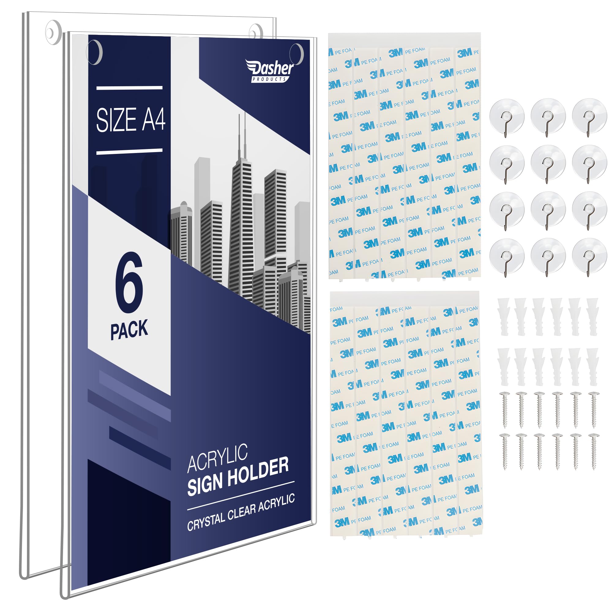 Acrylic Sign Holder A4 - Clear Frame Paper Holder with Multiple Mounting Options Included, Wall Mount Poster Display Frame, Plastic Message Board for Home, Office, Store, Restaurant (A4-6 Pack)