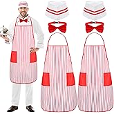 DEAYOU 6 Pcs 1950s Adult Waiter Costume Kit, Red White Striped Apron with 2 Pockets, Chef Hat Red Bow Ties for Halloween