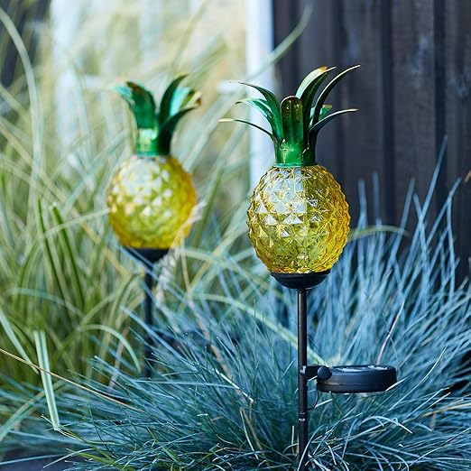 Lights4fun, Inc. Set of 2 Glass Pineapple Solar Powered