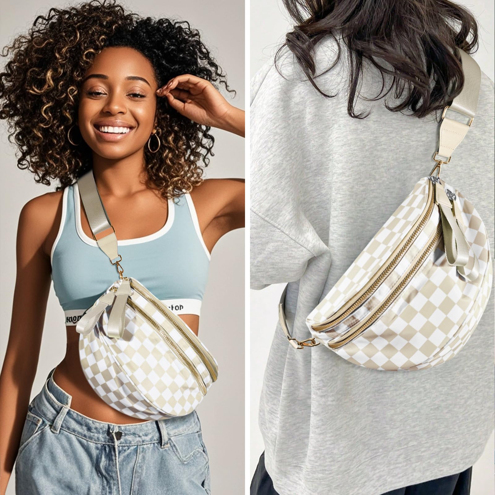 NEWROGENG Checkered Crossbody Bags for Women, Large Nylon Bum Bags Plus Size Fanny Pack Sling Bag Belt Bag for Women Travel, Beige Checkered