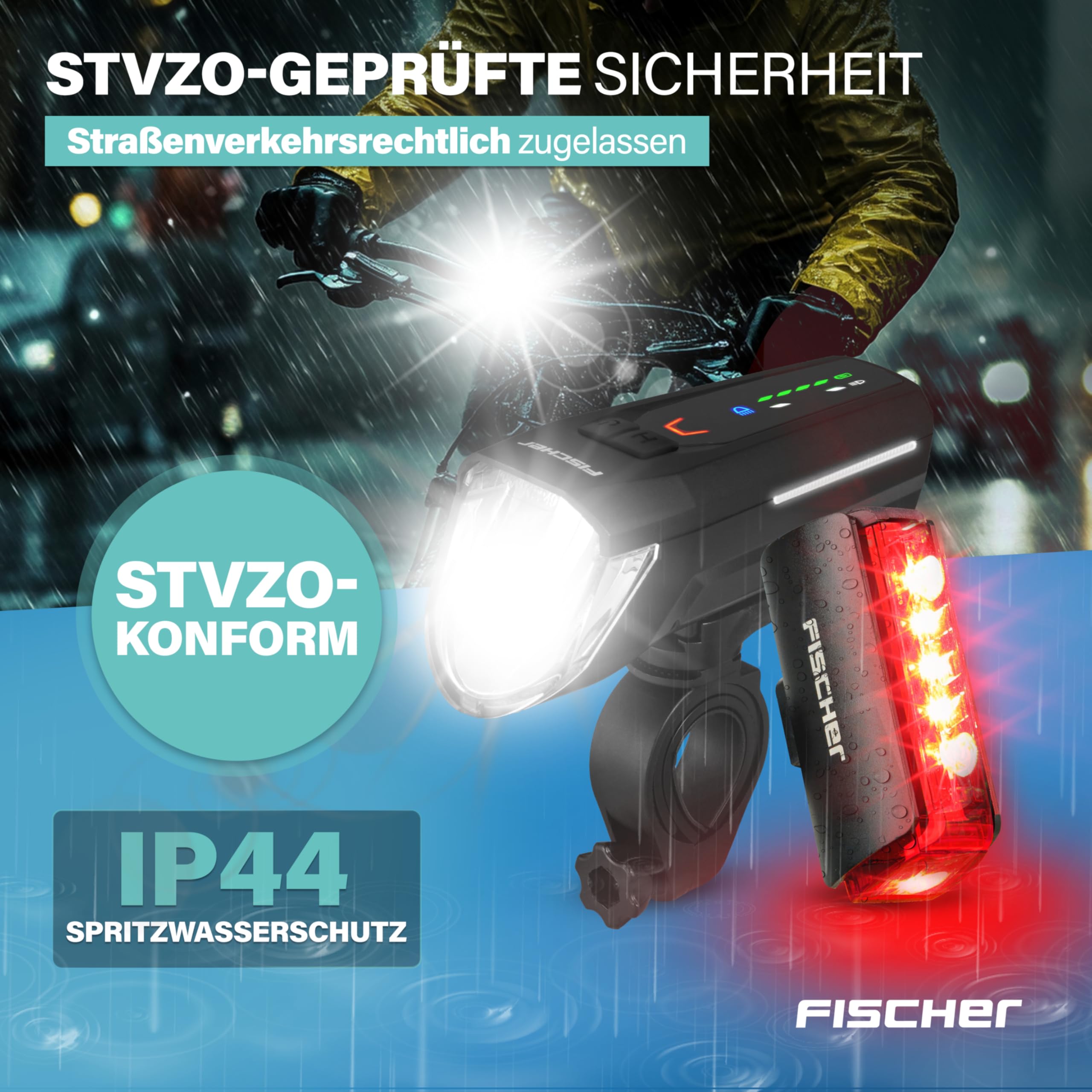 FISCHER Fahrrad LED-Akku Beleuchtungs-Set Twin Stop 100 +80 Lux Fernlicht, mit Sensormodus, Lange Leuchtdauer, stabiles Aluminium-Gehäuse, schwarz, 1 Stück 7
