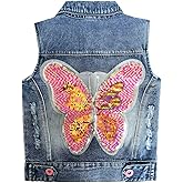 Peacolate Little Big Girl Outfit Distressed Sleeveless Jacket Embroidered Sequins Butterfly Denim Vest