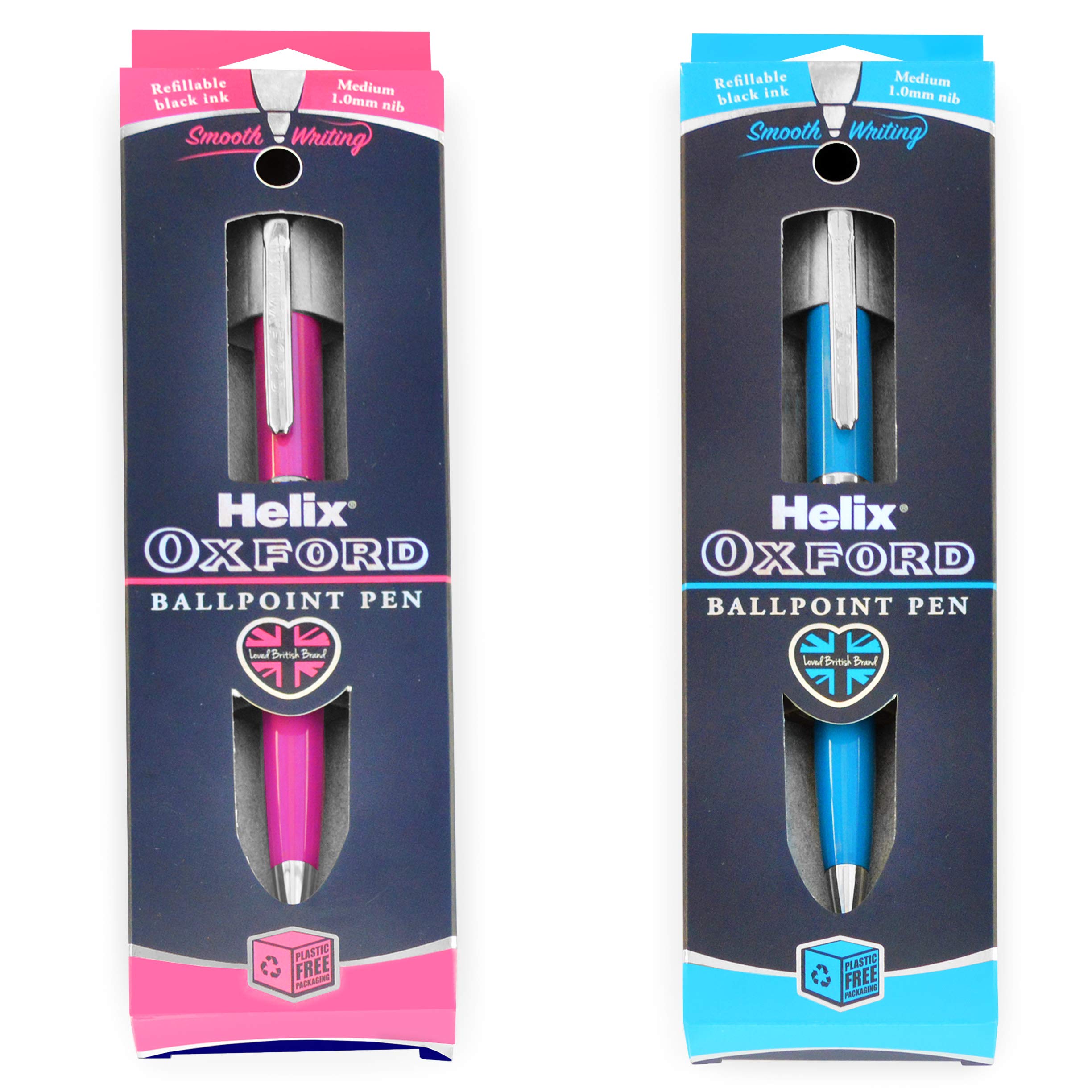 Helix Oxford Premium Ballpoint Pen - Light Blue and Pink Barrel - 1.0mm Nib - Black Ink - Pack of 2