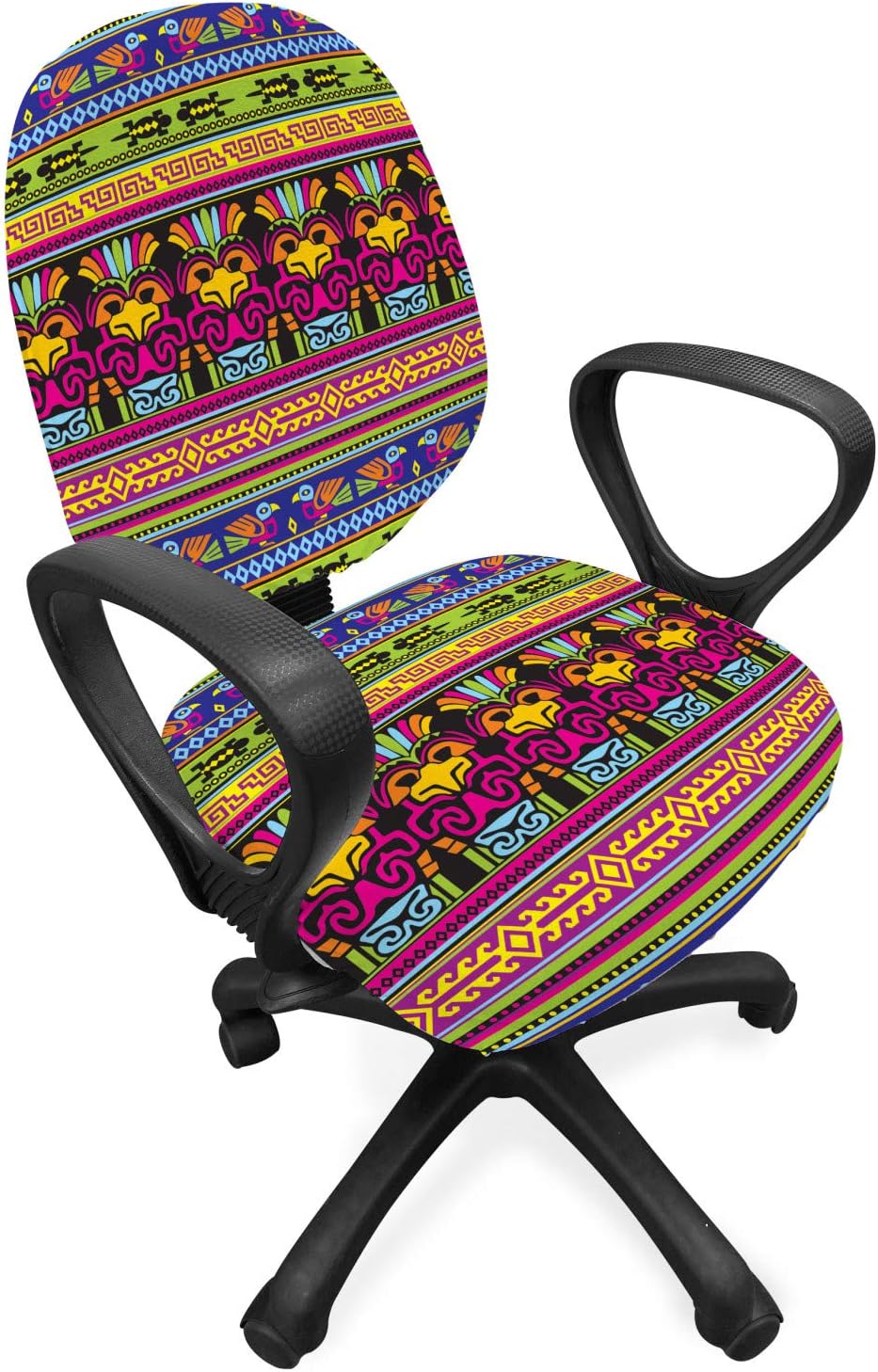 Ambesonne Prehistoric Office Chair Slipcover, Aztec Culture Pattern Borders Ornate Tribal Animal Print, Protective Stretch Decorative Fabric Cover, Standard Size, Magenta Yellow