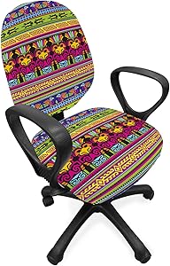 Ambesonne Prehistoric Office Chair Slipcover, Aztec Culture Pattern Borders Ornate Tribal Animal Print, Protective Stretch Decorative Fabric Cover, Standard Size, Magenta Yellow