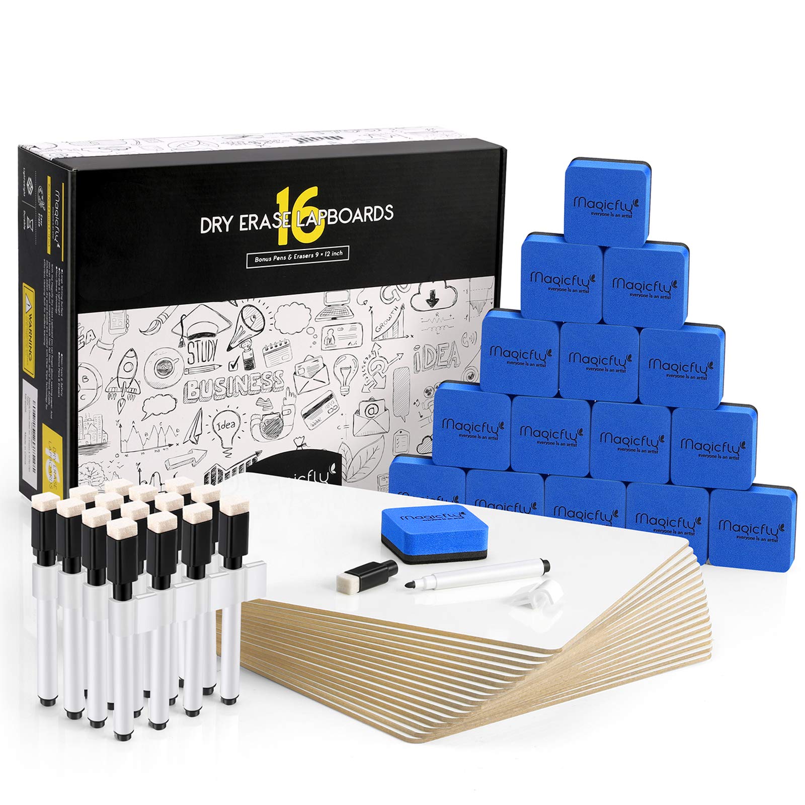 Magicfly 16 Pack Small Whiteboard Dry Erase Mini White Board 22 x 30cm, Double Sided Lapboard Bulk Portable Drawing Writing for Student, Teachers, Office with 16 Pens, 16 Erasers & 16 Pen Clips
