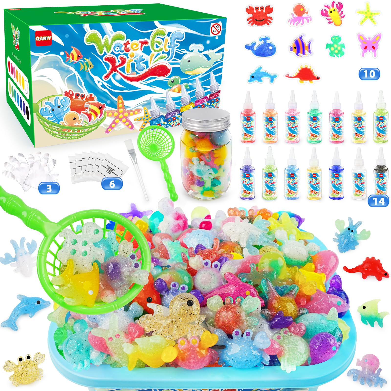 QANIY Magic Water Elf Toy Kit, Crafts for Kids Ages 4-8, Squishy Maker Set with 14 Magic Gels and 10 Molds, Aqua Fairy for Kids, Make Your Own Squishies Toys