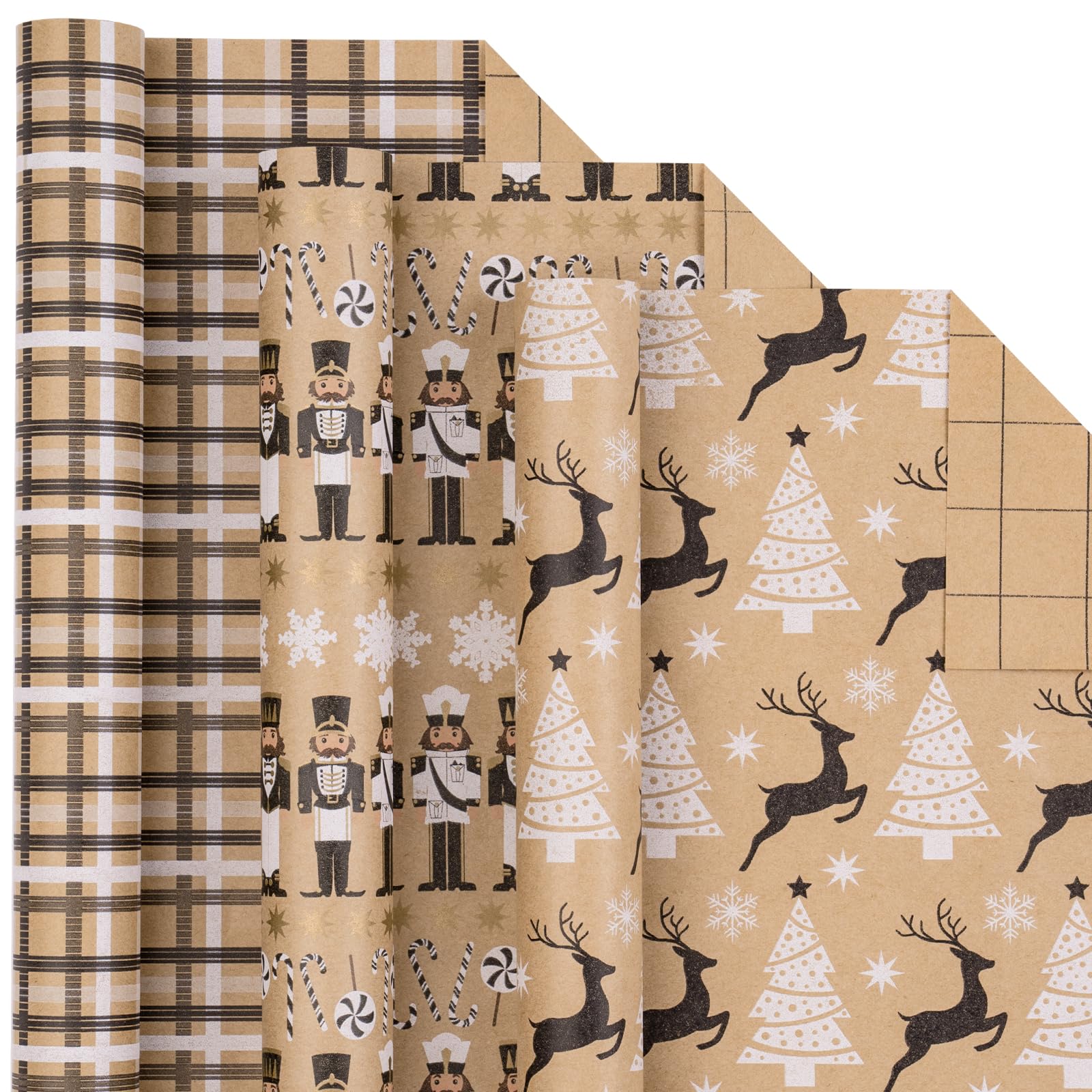 Photo 1 of LeZakaa Christmas Kraft Wrapping Paper - Mini Roll - Nutcracker/Reindeer/Grid in Black and White for Holiday Gift Wrap, Arts Crafts - 17 x 120 inches - 3 Rolls (42.5 sq.ft.ttl.)