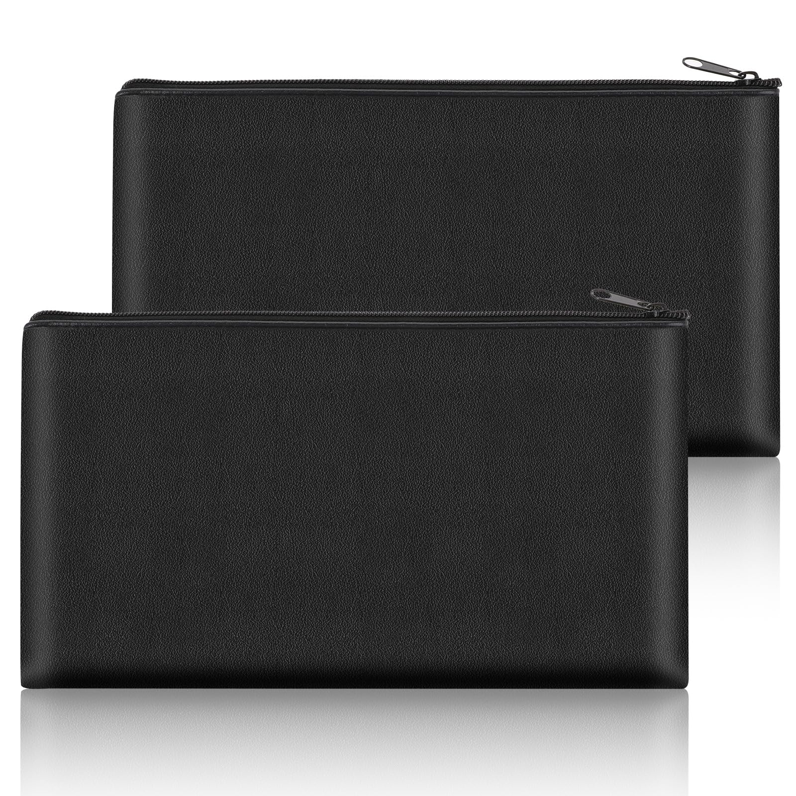 Dimeho 2 Pack Money Bags with Zipper Fireproof Money Pouch Bank Deposit Bag PU Leather Waterproof Safe Zippered Pouch for Cash, Checks, Documents, Valuables - Black (11 x 6 Inches)