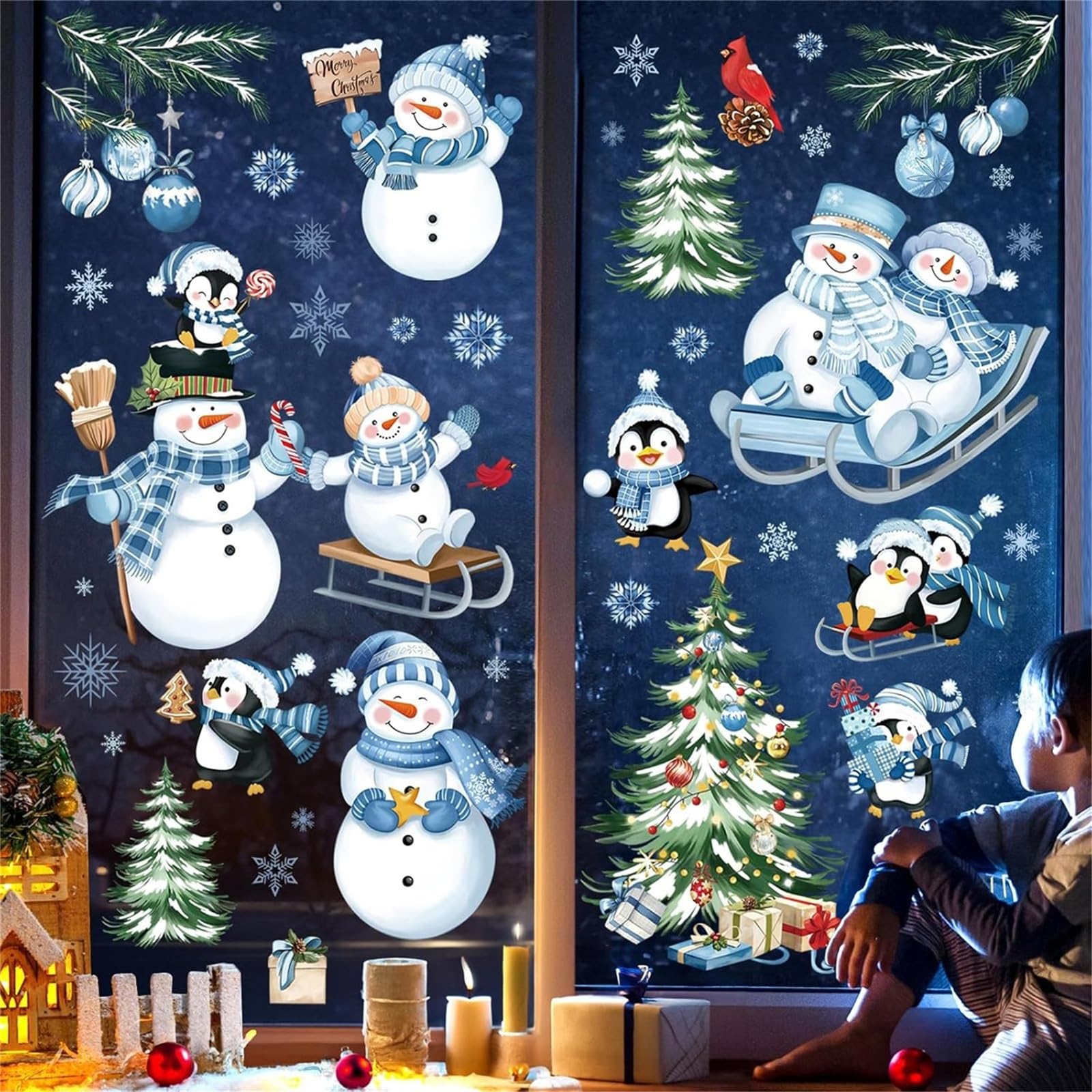 decalmile Christmas Blue Winter Snowman Penguin Window Clings Reusable Christmas Tree Snowflake Window Decals Double Side Printed Window Stickers Glass Home Party Supplies Gift Shop Decoration