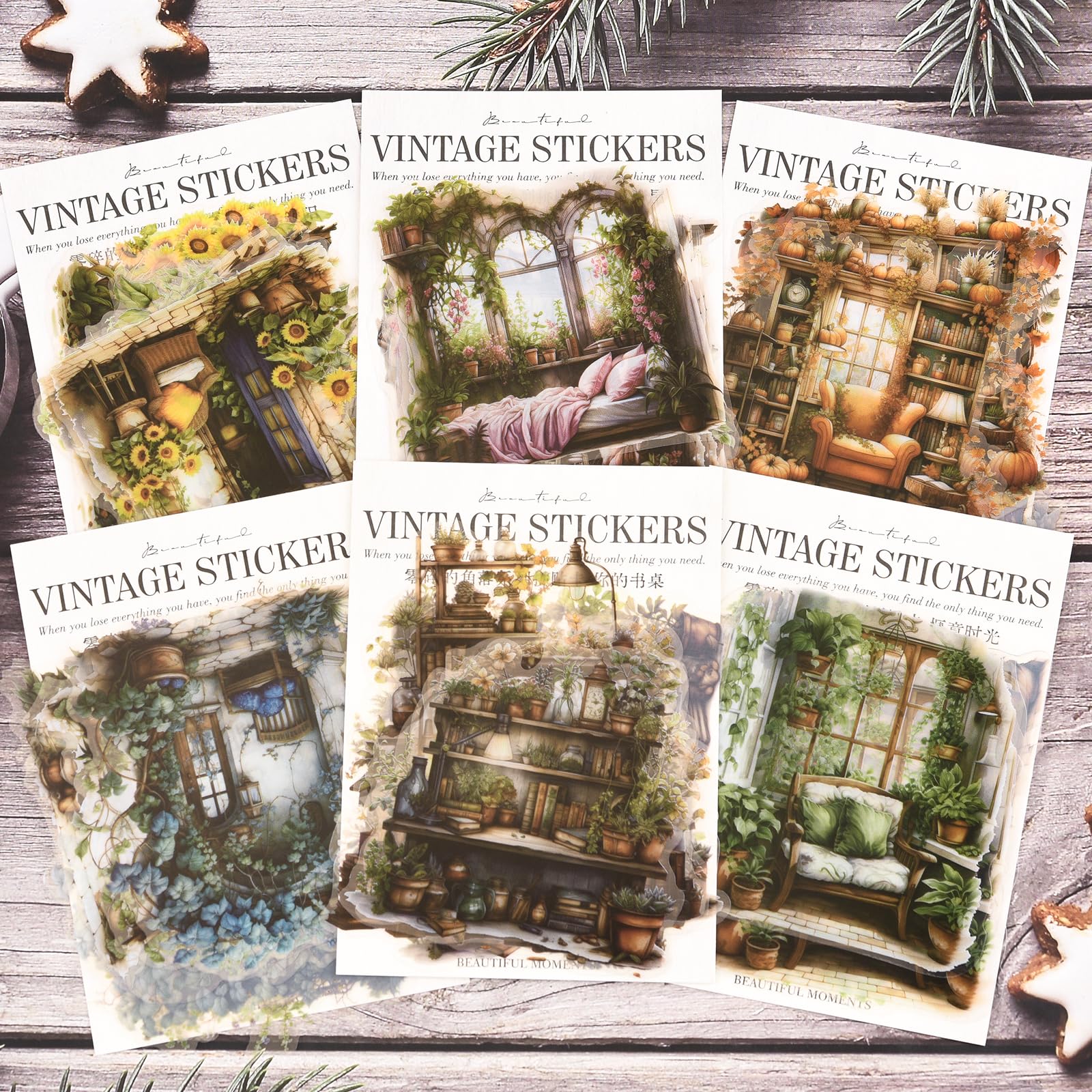 URROMA Vintage Scrapbook Stickers, 60 Pcs Sunflower Pumpkin Study Decorative Paper Romantic Garden Workshop for Festival Card Making, 6 Styles