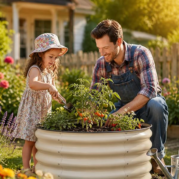 SNUGNITURE RAISED GARDEN BED, 2 PCS 2×2×1.5FT ROUND GALVANIZED OUTDOOR PLANTER BOX, 17″ TALL DEEP METAL GARDEN BED KIT FOR PLANTING VEGETABLES, FRUITS, FLOWERS, WHITE