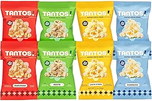 Tantos! Puffed Pasta Chips, Healthy Pasta Snack by Top Chef Joe Sasto, As Seen on Shark Tank, Plant Based, Low Calorie, Crunchy Chips, Variety Pack, Marinara, Pesto, Cacio e Pepe, Classico, Gourmet Bold Flavors, 1oz 8 Pack 2 of Each Flavor, Variety