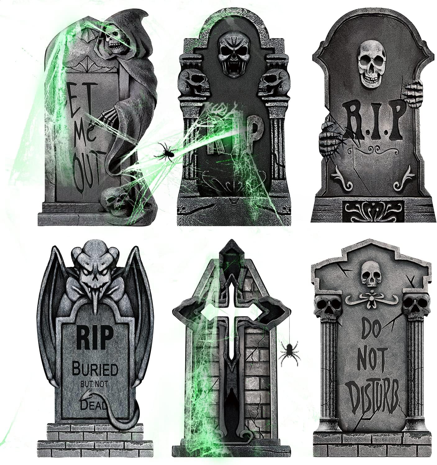 Yard Signs - Runwosen 9 Pcs Halloween Tombstones Graveyard, Plastic Tombstone Halloween Decorations Yard Signs include 6 Tombstones and 1 Fluorescent Spider Web & 2 Spiders With Stakes For Halloween Yard Decor