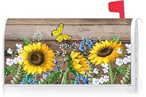 Texupday Sunflower Butterfly Wood Board Mailbox Cover with Magnetic Strip Spring Summer Flower Mailbox Wraps Post Letter Box Cover Standard Size 21" X 18" for Garden Outdoor Yard Decor