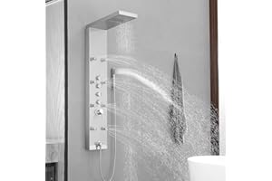 BATHLAVISH Shower Panel Tower System, 4 in 1 Stainless Steel Rainfall Shower Panels with 4-Functions, 8 Body Massage Jets, Handheld Head, Wall Mounted Brushed Nickel