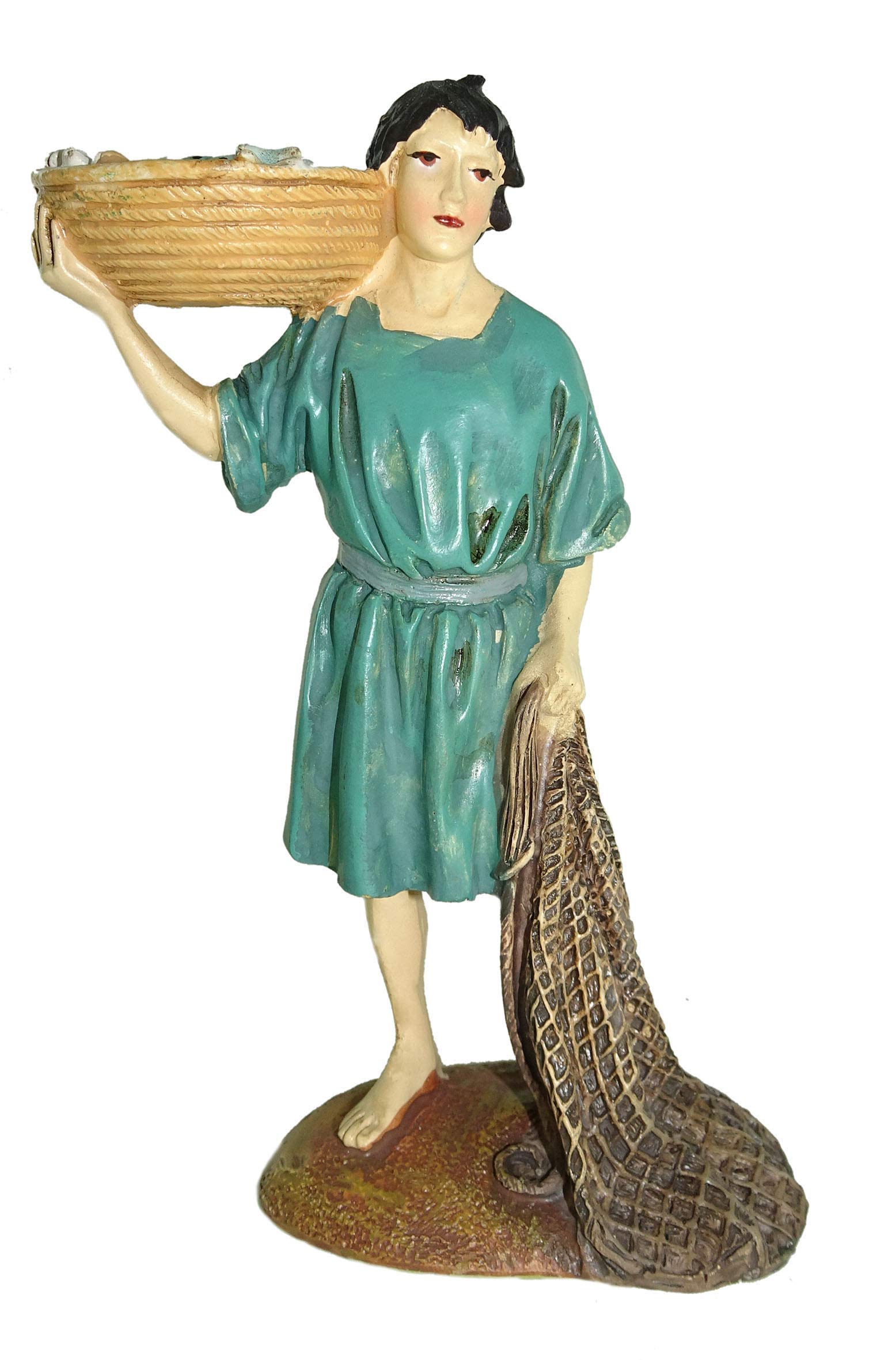 Ferrari & Arrighetti Nativity Scene Figurine: Fisherman with Fishing Net and Fish Basket - Martino Landi Collection - 10 cm