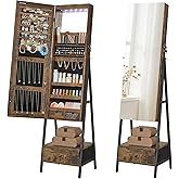 SONGMICS LED Mirror Jewelry Cabinet Armoire, Freestanding Lockable | Freestanding Organizer with 2 Plastic Cosmetic Storage, for Necklace Earring, Rustic Brown and Ink Black UJJC025X01