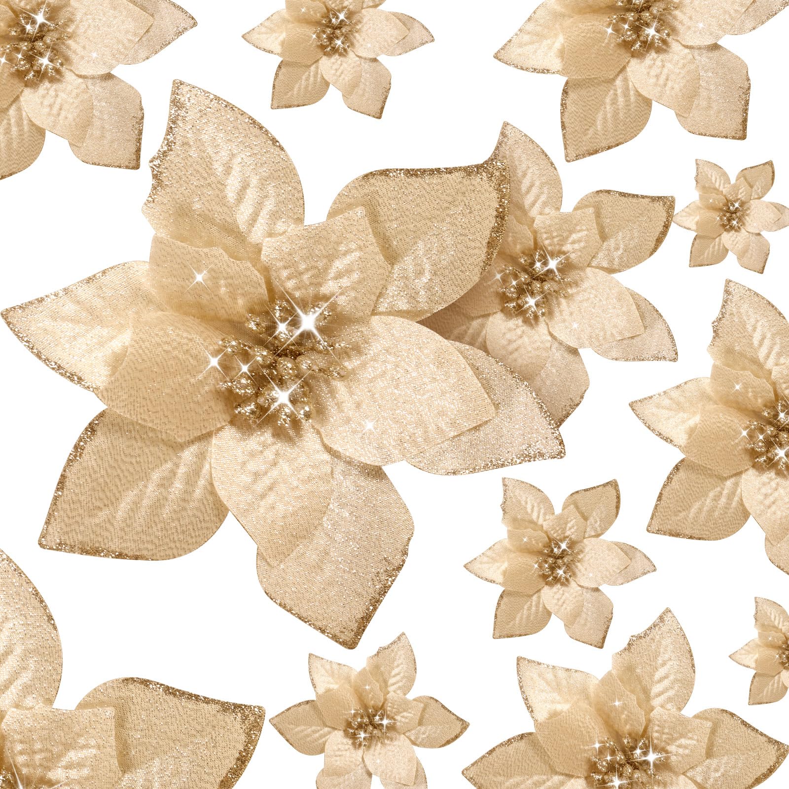Cindeer 36 Pcs 3 Size Christmas Tree Decorations Poinsettias Artificial Flowers Ornaments Glitter Faux Christmas Flowers with Clips for Xmas New Year Home Wedding Outdoor, 4", 6" and 9" (Champagne)