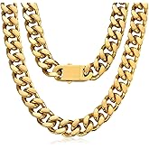 ROWIN&CO Men's Miami Cuban Chain Necklace 18K Gold Plated 16mm Chunky Stainless Steel Cuban Curb Link Collar, Hypoallergenic Hip Hop Jewelry, 20-30 Inch, Gift Box