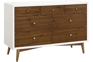 Babyletto Palma 7-Drawer Assembled Double Dresser in White and Natural Walnut, Greenguard Gold Certified, 19"D x 53"W x 34.25"H