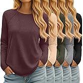 Velvelhall 5 Pack Women's Long Sleeve T-Shirts Crew Neck Raglan Loose Fit Casual Shirts Side Split Curved Hem Tunic Tops