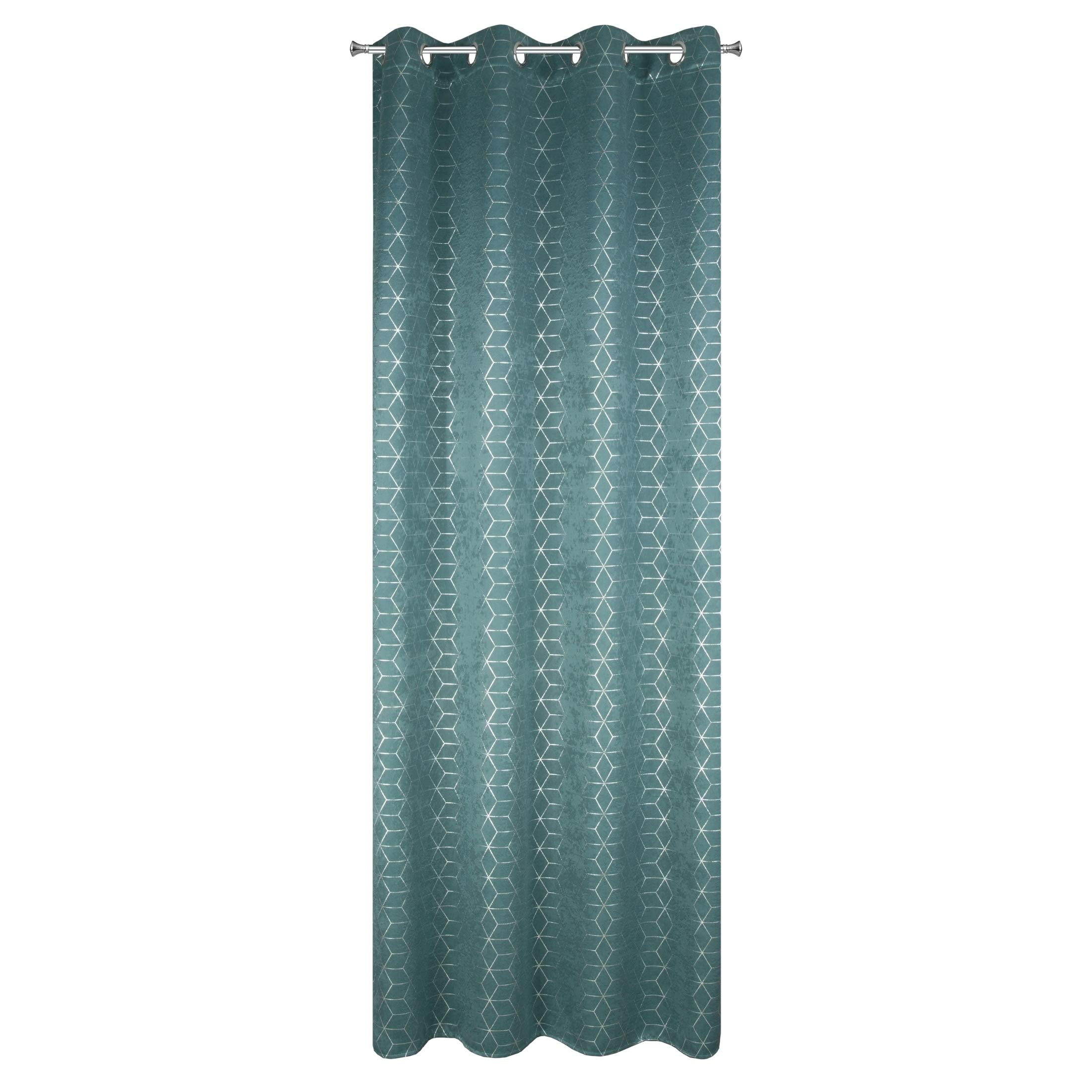 Eurofirany Geometric Pattern Velvet Look Velvet-Like Curtains 8 Eyelets Elegant Straight Plain Soft Living Room Bedroom Lounge, Turquoise + Silver, 135 x 250 cm