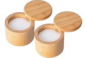 2 PCS Bamboo Salt Cellar with Swivel Lid – Bamboo Spice Box Storage Container for Kitchen Countertop with Magnetic Closure – 