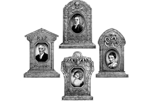 BUNNY CHORUS Graveyard Tombstones Halloween Decorations Outdoor: 4pcs Extra Large Gravestones Yard Signs with Scary 3D Changing Face Photos, 22" Realistic RIP Skeleton Tombstones Cemetery Decor Outside, Waterproof