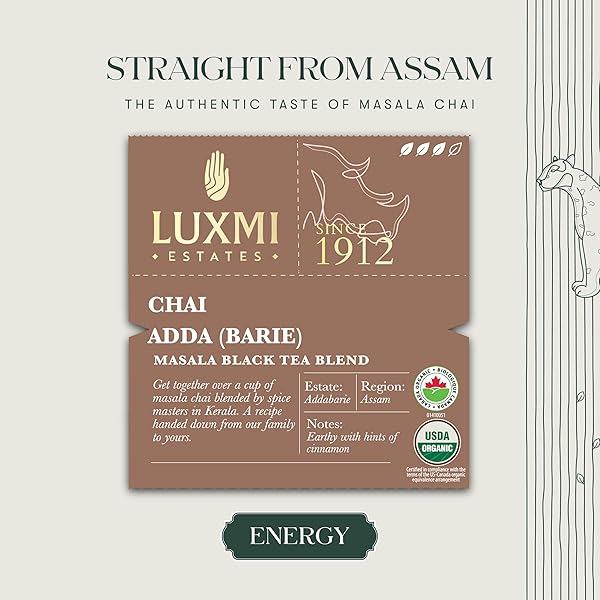 LUXMI ESTATES MASALA CHAI 50 TEA BAGS (100G) PACK | ADDA-BARI | CERTIFIED ORGANIC BLACK TEA | STRONG, ROBUST & AROMATIC MASALA | RESEALABLE, ZIPPER POUCH | BREW HOT, ICED & LATTE | INDIAN SPICE CHAI TEA | 50 CUPS BULK PACK