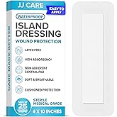 JJ CARE Waterproof Adhesive Island Dressing [Pack of 25], 4" x 10" Sterile Bordered Gauze, Breathable Island Wound Dressing, Individually Wrapped Adhesive Gauze Bandages with Non-Stick Central Pad