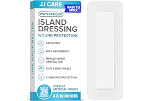 JJ CARE Waterproof Adhesive Island Dressing [Pack of 25], 4" x 10" Sterile Bordered Gauze, Breathable Island Wound Dressing, Individually Wrapped Adhesive Gauze Bandages with Non-Stick Central Pad