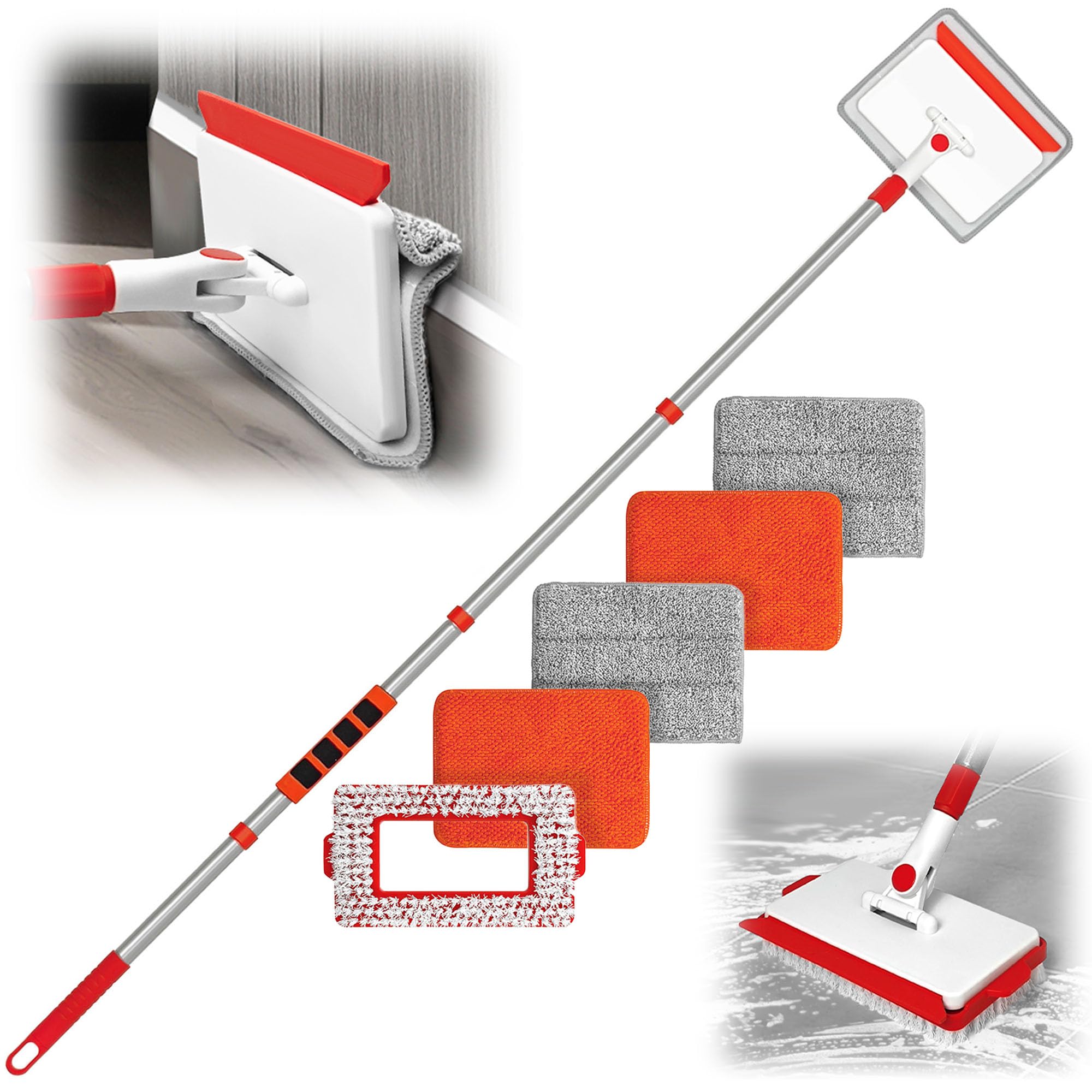 Photo 1 of JEHONN Baseboard Cleaner Tool with Handle, 56 inches Base Boards Cleaning Mop Scrubber, 1 Stiff Bristles Brush, 2 Chenille and 2 Microfiber Pads, Wall Duster for Floorboard Ceiling Window Tile
