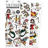 Savvi - 18 American Traditional Temporary Tattoos: Skin-Safe Ink, Great for Parties and Everyday Wear,Gifts for Teens and Adults, Made in the USA [2 sheets, 18 count]