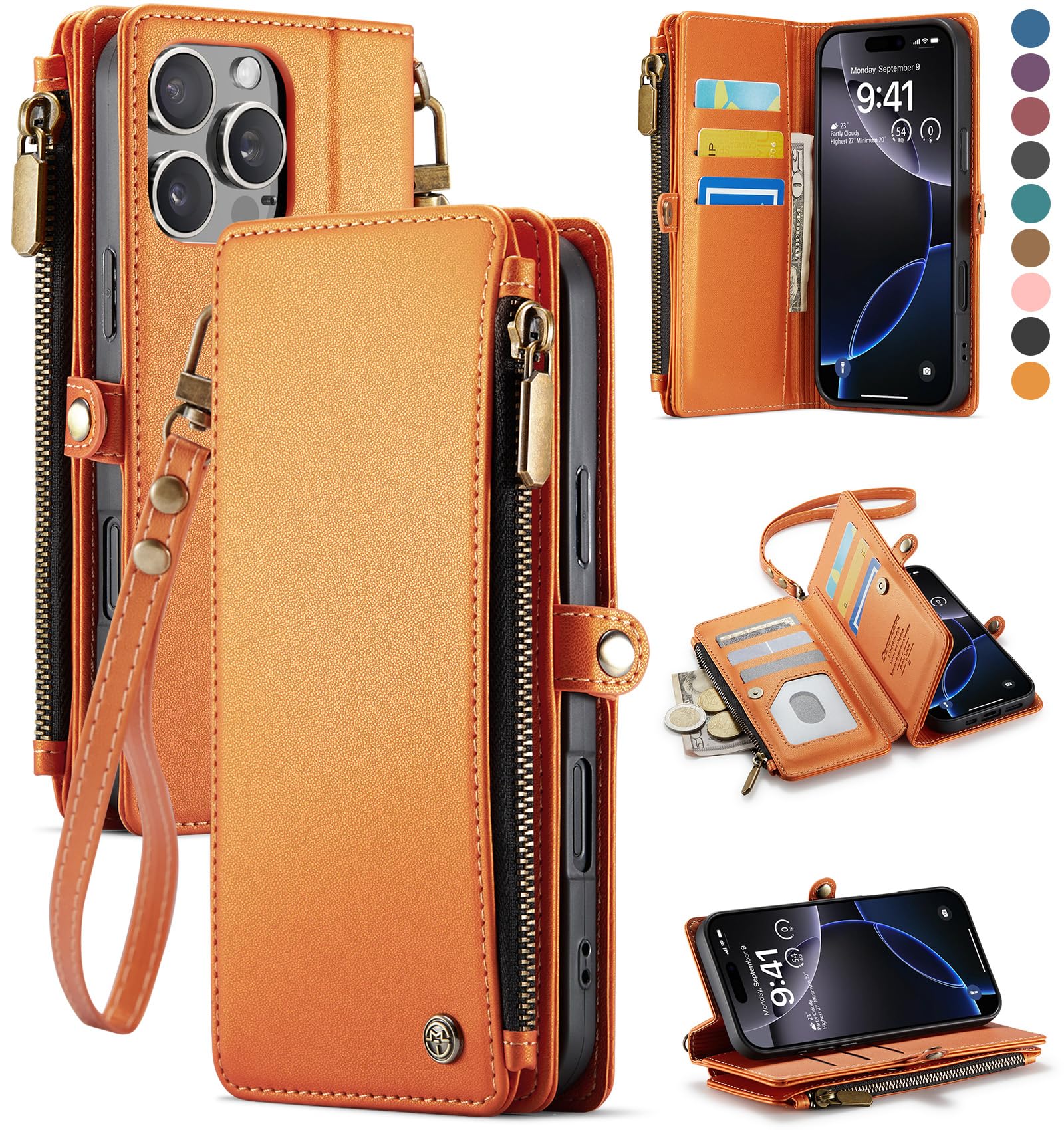 Photo 1 of Defencase Compatible with iPhone 16 Pro Max Case Wallet with RFID Blocking Card Holder for Woman Men, PU Leather Magnetic Snap Flip Zipper Strap Phone Case for iPhone 16 Pro Max 6.9", Orange