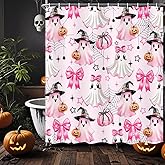 BATRUG Pink Halloween Shower Curtain, Cute Ghost Pumpkin Spooky Shower Curtain for Bathroom, Funny Halloween Holiday Cartoon Spooky Bathroom Decor Fabric with Hook, 70X70IN