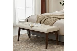 Befurtori Velvet Wood Upholstered Bench, Bedroom Bench End of Bed, Padded Bench for Living Room Entryway, Dining Bench with Solid Wood Legs and Button-Tufted(Taupe)