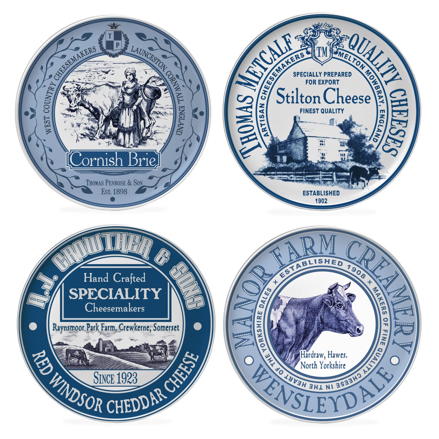 Occasion Set of 4 Vintage British Porcelain Cheese Plates 19cm Gift Boxed, Side Plate, Dish Set for Appetizer Cake Dessert Fruit Tapas