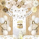 Golden Birthday Party Decorations, Gold Party Decorations, White and Gold Balloons Happy Birthday Banner Tablecloth Fringe Curtain Paper Pom Poms Kids Women Men Girls Boys Birthday Golden Bday Decor