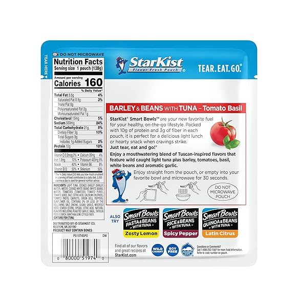 STARKIST SMART BOWLS TOMATO BASIL, 4.5 OZ POUCH (PACK OF 12) – FEATURES BARLEY & BEANS WITH WILD CAUGHT LIGHT TUNA