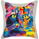 Howie's Needlepoint Needlepoint Kits for Adults Beginners, Furbish Cat Needlepoint Pillow Front Kit with Stamped Pattern on Canvas, Yarn, 2 Needles and Instruction, 16 x 16inch(Pop Art Cat)