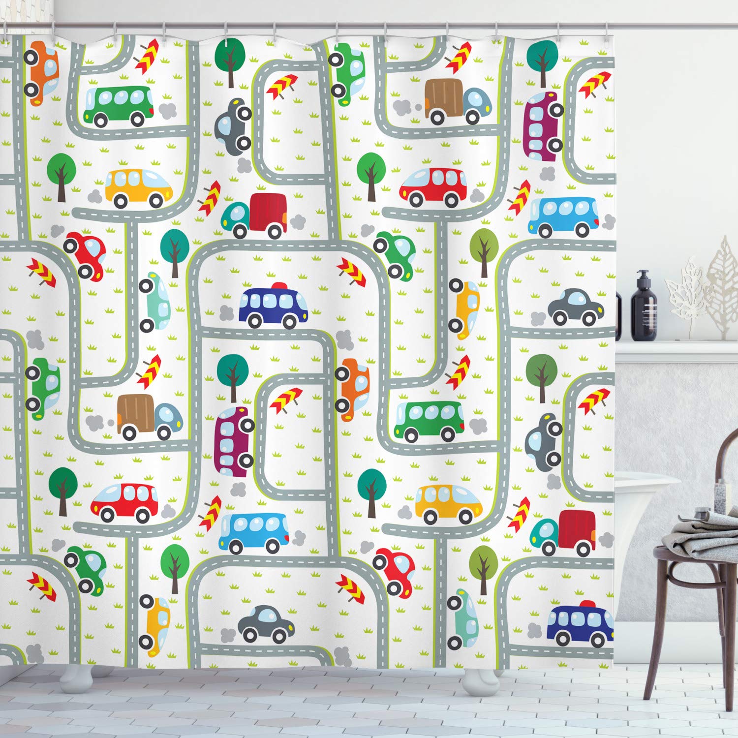 ABAKUHAUS Cars Shower Curtain, Vibrant Children Drawing Cars Driving on the Roads Traffic Urban Themed Design, Cloth Fabric Bathroom Decor Set with Hooks, 94 Inches, Multicolor โ image 1