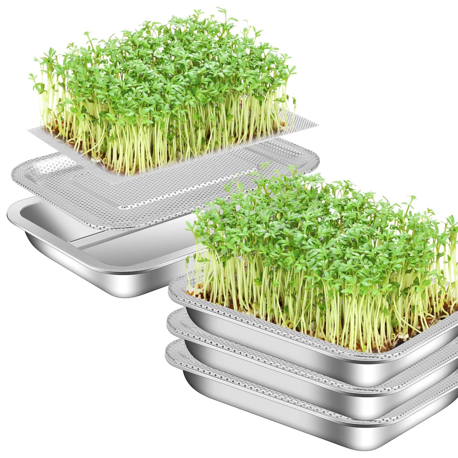 Photo 1 of 9 Pcs Seed Sprouting Kit Seed Sprouter Growing Tray Microgreens Growing Kit Stainless Steel Plant Germination Tray with Filter Pad Mesh Mat Bean Sprout Grower for Beans Broccoli Alfalfa Wheat Grass