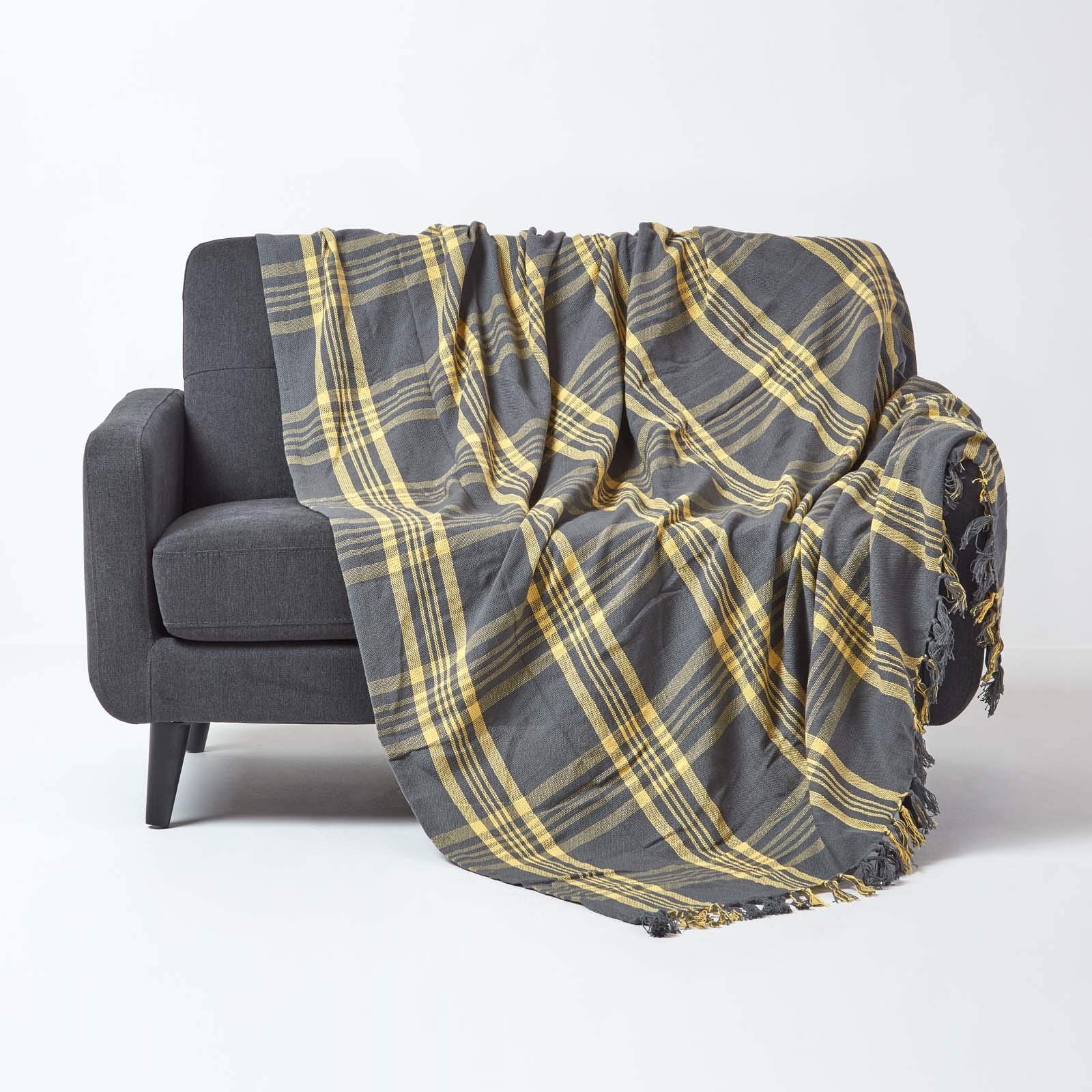 HOMESCAPES Large Grey & Yellow Tartan Throw 90 x 100 Inches or 228cm x 254cm, 100% Cotton Sofa throw for Most 3 Seater Settees and Sofas